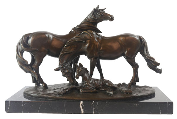 Horses & Foal Bronze Sculpture On Marble Base